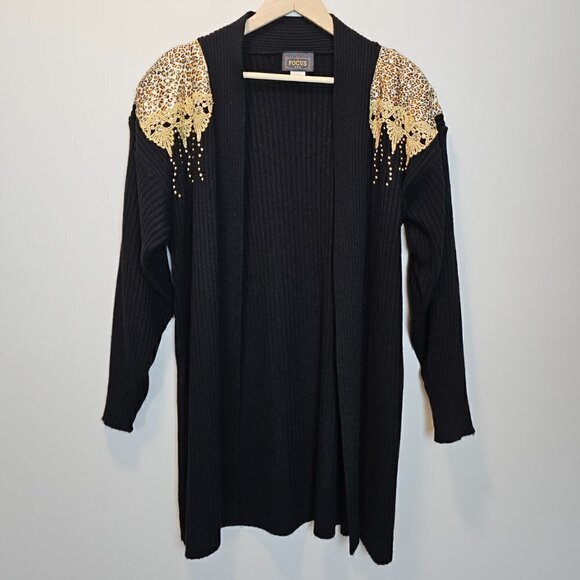 Focus Vintage Gold Studded Gothic Leopard Black Cardigan‎ Sweater Large - Picture 1 of 10